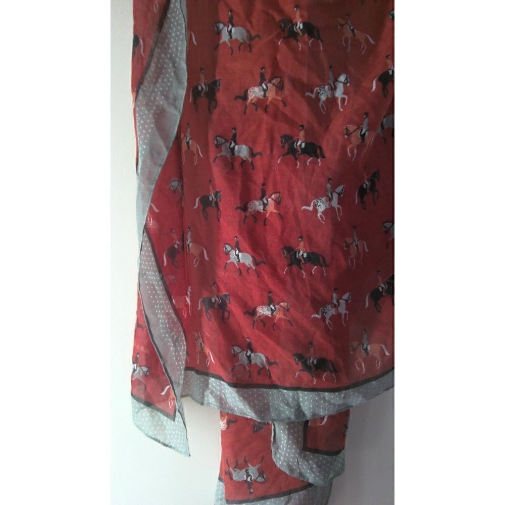 Printed Village Oversized Scarf Equestrian Horse & Rider Rust Gray‌‌